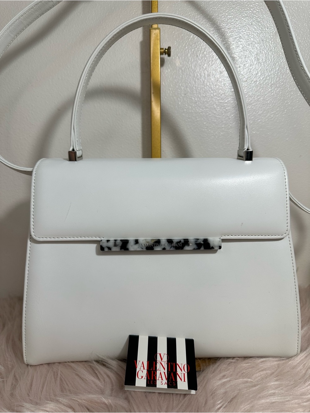 Valentino Garavani White Leather Top-Handle Satchel with Marbled Accent